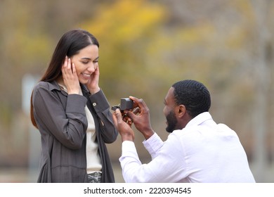 Marriage proposal of a happy interracial couple in a park - Shutterstock ID 2220394545