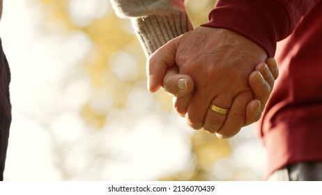 Married elderly Caucasian people keep hands interlocked closeup selective focus copy space . High quality photo
