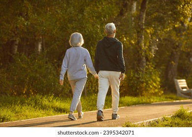 Married senior couple walking together on a sunny summer evening. From behind an old man and woman in sports clothes holding hands walking on a park walkway among green trees. Exercise, motion concept - Powered by Shutterstock