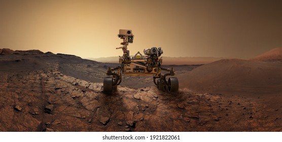  Mars 2020 Perseverance Rover is exploring surface of Mars. Perseverance rover Mission Mars exploration of red planet. Space exploration, science concept. .Elements of this image furnished by NASA. - Shutterstock ID 1921822061