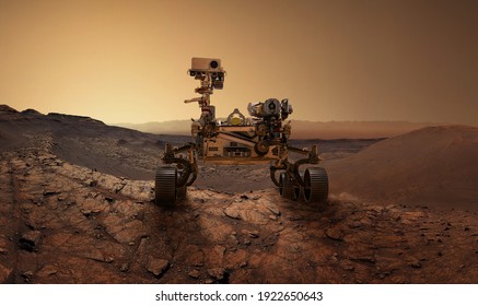 Mars 2020 Perseverance Rover is exploring surface of Mars. Perseverance rover Mission Mars exploration of red planet. Space exploration, science concept. .Elements of this image furnished by NASA.