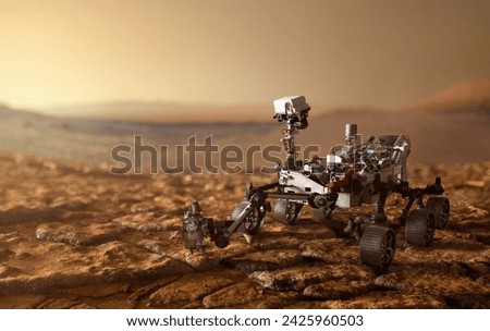 Mars 2020 Perseverance Rover is exploring surface of Mars. Perseverance rover Mission Mars exploration of red planet. Space exploration, science concept. .Elements of this image furnished by NASA.