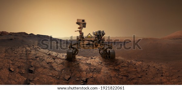  Mars 2020 Perseverance Rover is exploring surface\
of Mars. Perseverance rover Mission Mars exploration of red planet.\
Space exploration, science concept. .Elements of this image\
furnished by NASA.