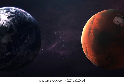 Mars And Earth, Planets Of The Solar System. InSight Mission. El