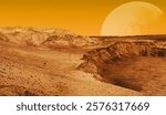 Mars exploration, landscape with moon and crater
