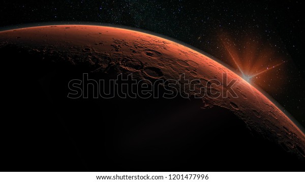 Mars high resolution image. Mars is a planet of the\
solar system. Sunrise with lens flare. Elements of this image\
furnished by NASA.