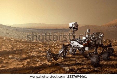 Mars Perseverance Rover is exploring surface of Mars. Perseverance rover Mission Mars exploration of red planet. Space exploration, science concept. Elements of this image furnished by NASA.