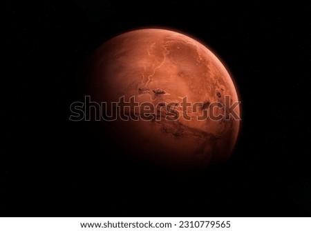 Mars. The planet Mars appearing from the darkness of outer space. Beautiful Dark background. Space wallpaper. Science fiction art. Elements of this image furnished by NASA.