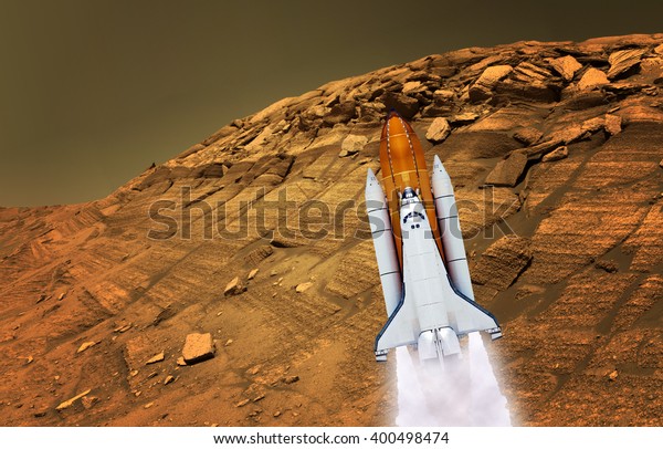 Mars planet\
martian mission shuttle rocket spaceship journey launch. Elements\
of this image furnished by\
NASA.