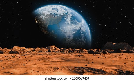 A mars planet surface and a big planet background
