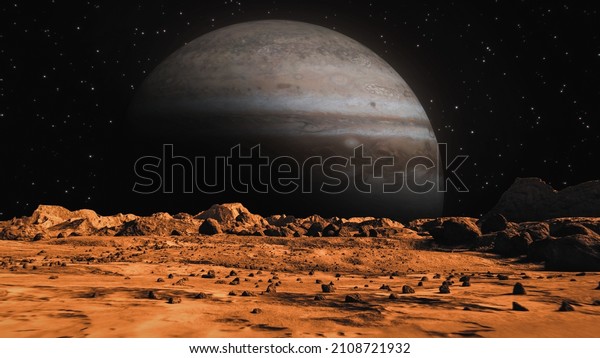 A mars\
planet surface and a big planet\
background