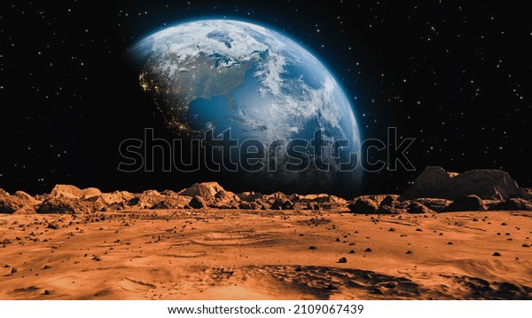 A mars\
planet surface and a big planet\
background