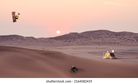 Mars Polar Lander, Eso Mars Rover And Mars Climate Orbiter, Failed Missions That Did Not Become. Elements Of This Image Furnished By NASA. 3D Rendering.