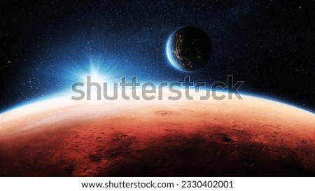 Mars, the red planet with detailed surface features and craters with amazing sunset in deep space. Blue Earth planet with lights in outer space. Mars and earth, concept 