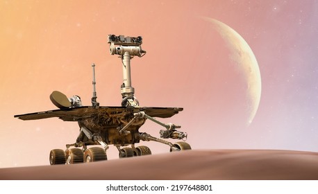 Mars Rover on red planet. Martian expedition. Perseverance, Curiosity, Opportunity Mars Exploration Rover. Elements of this image furnished by NASA - Shutterstock ID 2197648801