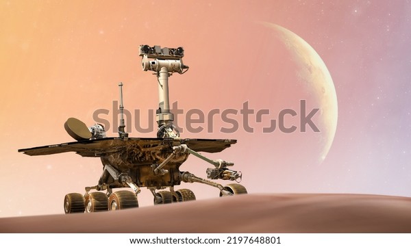 Mars Rover on red planet. Martian\
expedition. Perseverance, Curiosity, Opportunity Mars Exploration\
Rover. Elements of this image furnished by\
NASA