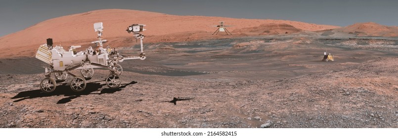 Mars Rover Perseverance Landed And Mars Polar Lander.Elements Of This Image Furnished By NASA. 3D Rendering.