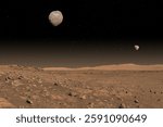 Mars surface, Phobos and Deimos. Planet Mars and Its moons.  Planets of the solar system. High resolution image. Elements of this image furnished by NASA.
