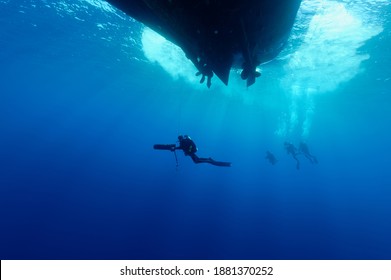 Marsa Alam, Red Sea - 12.06.20: After Deep Dive Scuba Divers Making Essential Safety Stop Before Surfacing To Avoid Potential Decompression Sickness 