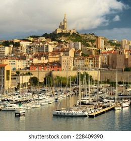 Marseille Cityscape With Famous Landmark Notre Dame De La Garde Church, France.