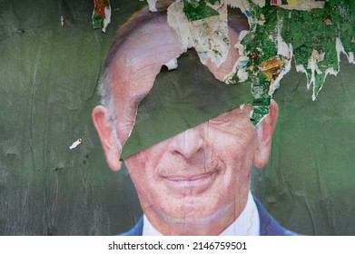 Marseille, France, 02-04- 2022: A Torn Poster Of Éric Zemmour, Candidate For French Presidential Election