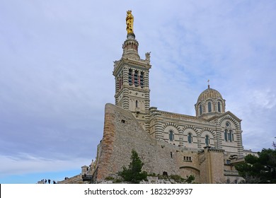 MARSEILLE, FRANCE -15 NOV 2019- View of the Basilique Notre-Dame de la Garde, a landmark Catholic basilica church city on top of the Garde Hill in Marseille, France.