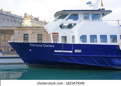 MARSEILLE, FRANCE -15 NOV 2019- View of the Edmond Dantes tourist boat going to the Chateau d’If on the Vieux-Port (Old Port) in Marseille, France. It was named after the Count of Monte Cristo.