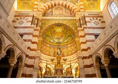 Marseille, France - Apr. 7, 2022. Interior of Basilique Notre-Dame de la Garde in Marseille.
