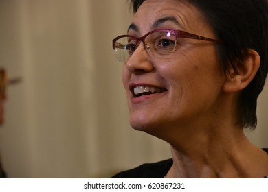 Marseille, France - April 14, 2017 : French Presidential Election Candidate For The Far-left Party Lutte Ouvriere (LO) Nathalie Arthaud (R) Attends A Campaign Meeting