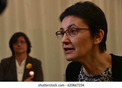 Marseille, France - April 14, 2017 : French Presidential Election Candidate For The Far-left Party Lutte Ouvriere (LO) Nathalie Arthaud (R) Attends A Campaign Meeting