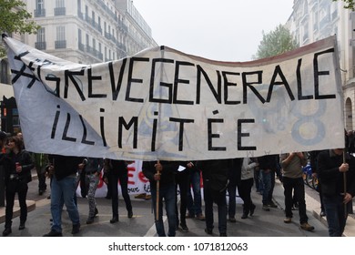 Marseille, France - April 14, 2018 : Protesters during a march called "Stop Macron" to protest against planned reforms of the French government