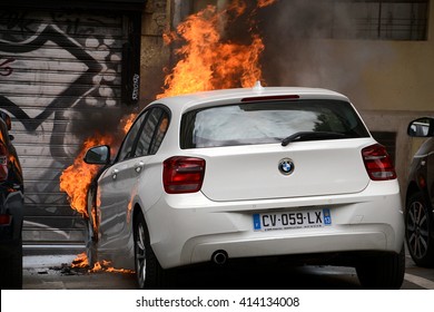 Marseille, France - April 28, 2016 : Car On Fire During Clashes Between Protesters And French Riot Police During A Demonstration Against The Labor Law