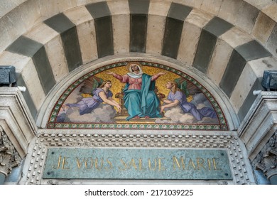 Marseille. France. Bouche-du-Rhone.  04.11.2022. Pediment of the Basilica of Notre Dame de la Garde