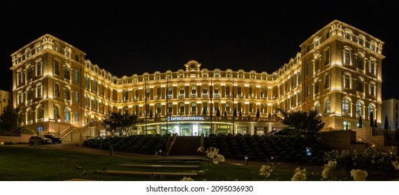 Marseille, France - December 22, 2021: Night Panoramic View Of The Intercontinental Hotel In Marseille, France. Formerly, The Building Was A Hospital And Once A Hostel For Religious Pilgrims. 