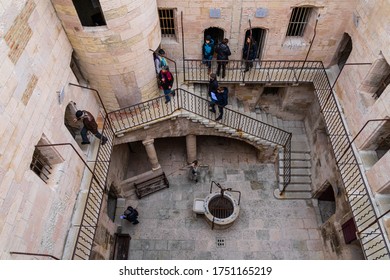 Marseille, France, January 2020 - Tourists visiting the courtyard of the Chateau d'If, a famous prison which was the settings of Alexandre Dumas novel The Count of Monte Cristo