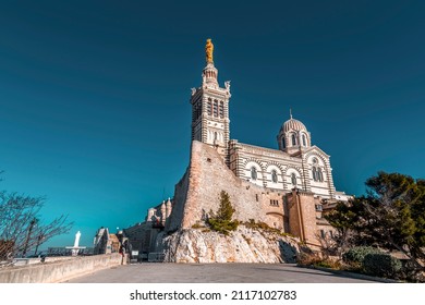 Marseille, France - January 28, 2022: Notre-Dame de la Garde or la Bonne Mère is a Catholic basilica in Marseille, France and the city's best known symbol.