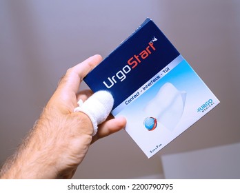 Marseille, France - Jul 16, 2022: POV Male Hand Close-up Holding Package With Urgo Start Medical - The Division Of Urgo That Offers Advanced Wound Healing Products For Critically Injured Or Burned