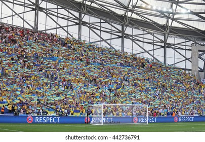 MARSEILLE, FRANCE - JUNE 21, 2016: Ukrainian Fans Show Their Support During The UEFA EURO 2016 Game Ukraine V Poland At Stade Velodrome In Marseille