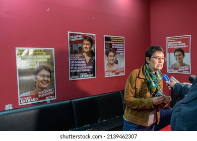 Marseille, France - March 16, 2022: Nathalie Arthaud, Trotskyite Candidate Of The Lutte Ouvriere Party For The French Presidential Election Is In A Meeting In Marseille.