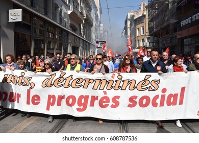 Marseille, France - March 21, 2017 : Thousands march as part of a national mobilization called by the CGT union to protect jobs and benefits of French industrial and public service workers