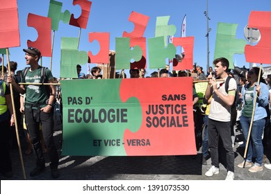 Marseille, France - May 01, 2019 : Protesters For Climate And Social Justice Participate In May Day Parade