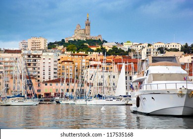 Marseille, France panorama. The famous european harbour view on the Notre Dame de la Garde