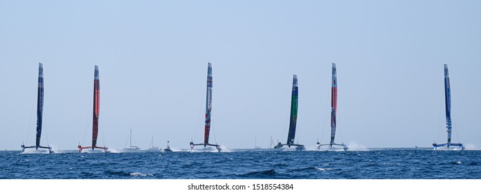 Marseille, France – September 20 21 & 22, 2019: All Teams starting during  a qualifying round of sailGP final World Series on september 20 21 & 22, 2019 in Marseille bay, France