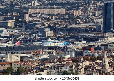 Marseille, France - September 28, 2019: Cityscape of Marseille, France, with the with the harbor and ships, seen from the site of the Notre Dame church in Marseille, France on September 28, 2019