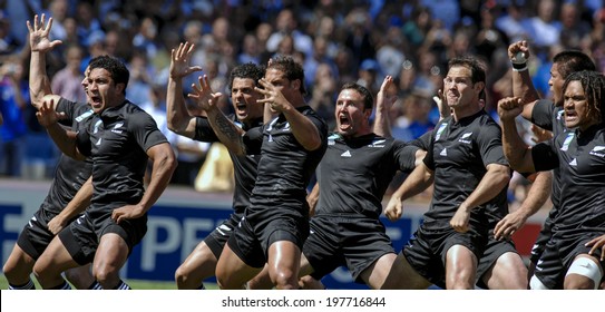 MARSEILLE, FRANCE-SEPTEMBER 08, 2007: new zealand rugby team players playing the maori haka dance, before the rugby match Italy vs New Zealand, during the Rugby World Cup of France 2007, in Marseille.