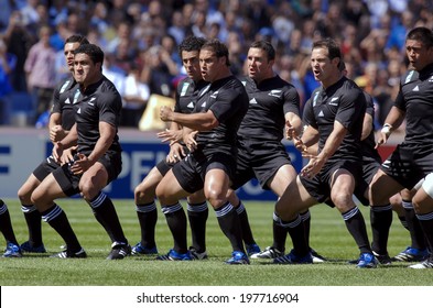 MARSEILLE, FRANCE-SEPTEMBER 08, 2007: new zealand rugby team players playing the maori haka dance, before the rugby match Italy vs New Zealand, during the Rugby World Cup of France 2007, in Marseille.