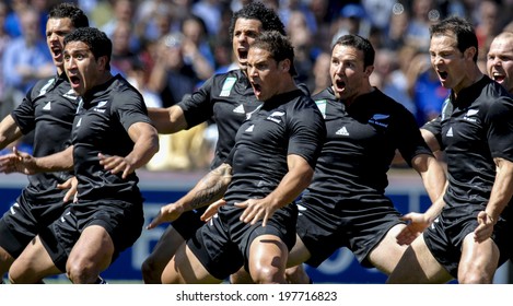 MARSEILLE, FRANCE-SEPTEMBER 08, 2007: nez zealand rugby team players playing the maori haka dance, before the rugby match Italy vs New Zealand, during the Rugby World Cup of France 2007, in Marseille.