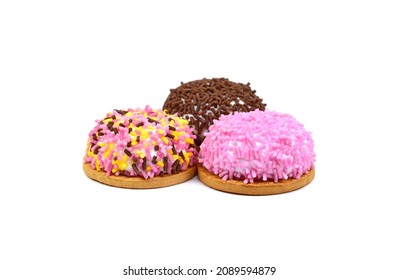 Marshmallow Cookies Sweet Desert Isolated On The White Background. Delicious Cup Cakes Close Up Shot. Colorful Sprinkles Pie. 