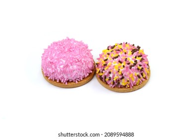 Marshmallow Cookies Sweet Desert Isolated On The White Background. Delicious Cup Cakes Close Up Shot. Colorful Sprinkles Pie. 