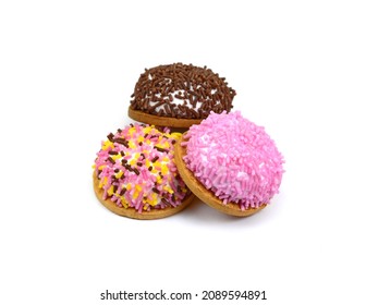 Marshmallow Cookies Sweet Desert Isolated On The White Background. Delicious Cup Cakes Close Up Shot. Colorful Sprinkles Pie. 